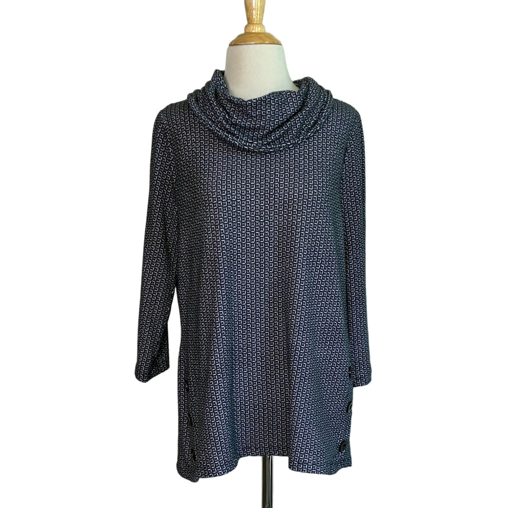 ROBERT LOUIS Women Med Geometric Print Cowl Neck 3/4‎ Sleeve Lagenlook Tunic Top